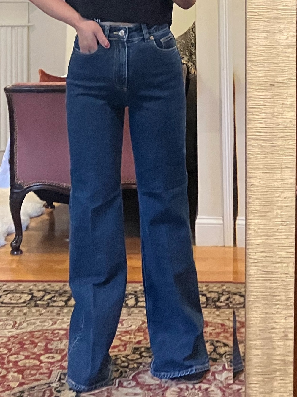 H&M Dark Blue High-Rise Wide-Leg Jeans
